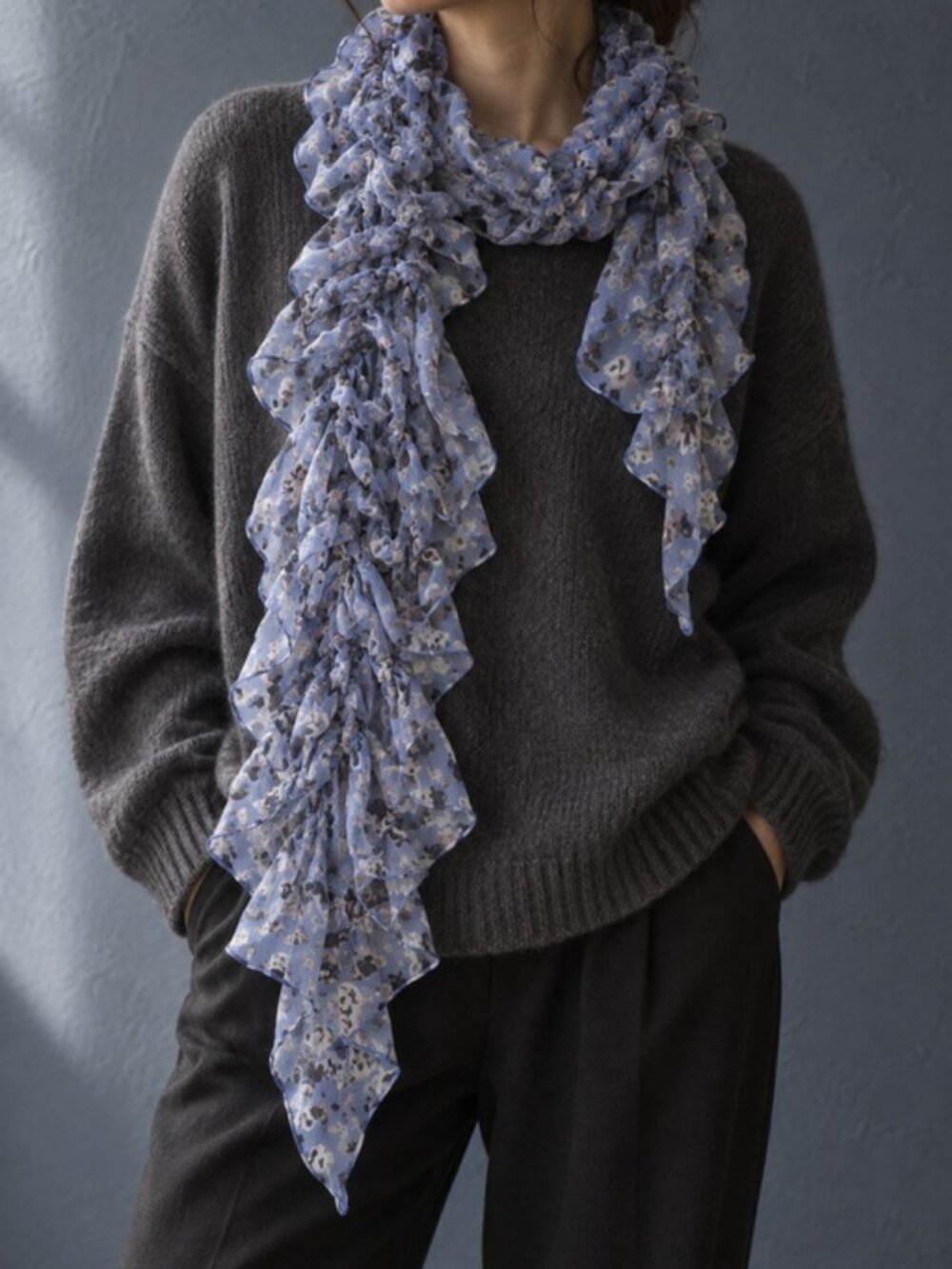 Sheer Floral Ruched Ruffle Scarf | Romantic Layering Accessory - Picture 3 of 3